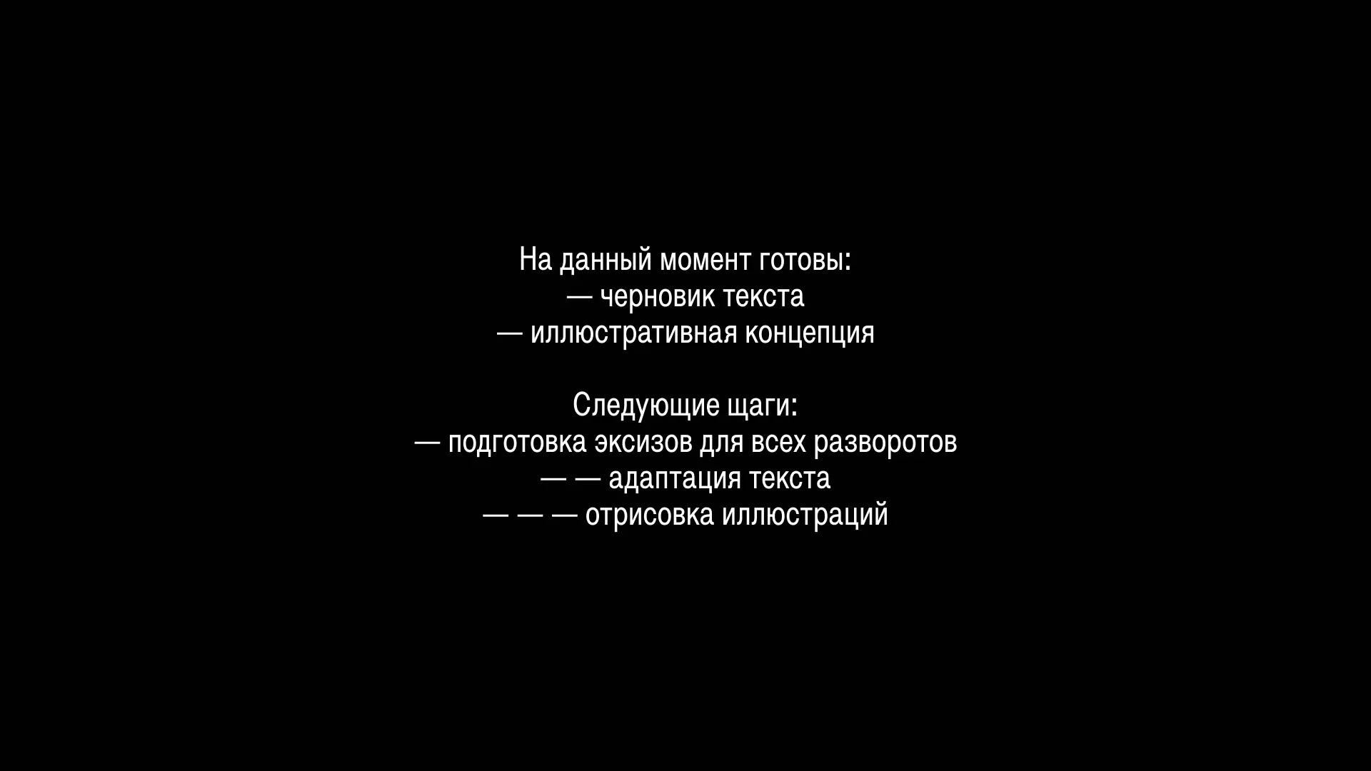 На данный момент готовы: — черновик текста / — иллюстративная концепция. Следующие шаги: — подготовка эскизов для всех разворотов / — адаптация текста / — отрисовка иллюстраций